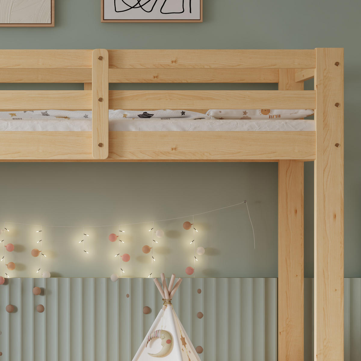 ETAGENBETT 90/200 cm in Natur Kinderbett mit Treppe, Tür und Geländer - Naturfarben, Holzwerkstoff (90/200cm) - STILVORA