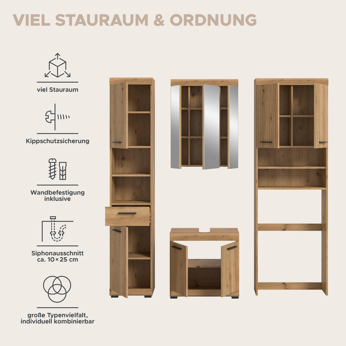 BADEZIMMER Vento 4-tlg. (B/H/T: ca. 190/191/34 cm) in Artisan Eiche /Artisan Eiche - Eiche Artisan, Holz (190/191/34cm)