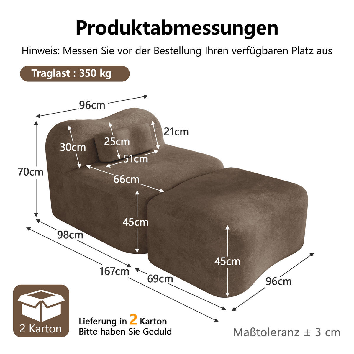 XXL-SESSEL Rahmenlos mit Ottoman, DE-42655, Braun - Braun, Textil (96/70/167cm) - ComfortXL