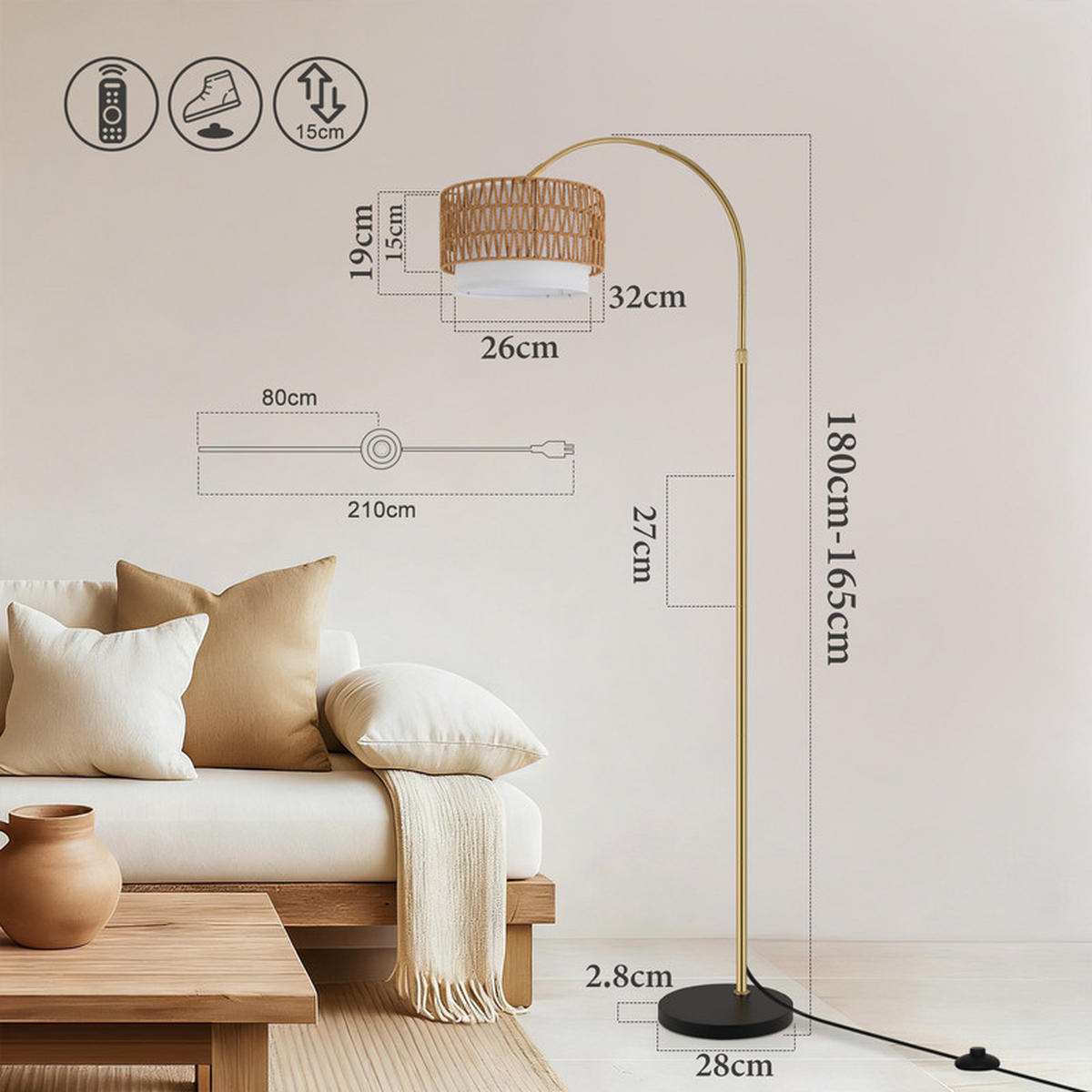 STOJACÍ lampa Casey III 71/32/180 cm - zlatá, kov (71/32/180cm) - Nettlife