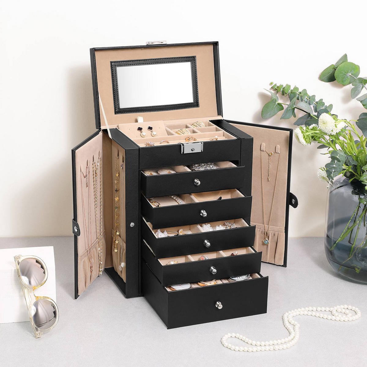 SCHMUCKKASTEN - Schwarz, Holzwerkstoff (15.5/26cm) - Hansiro