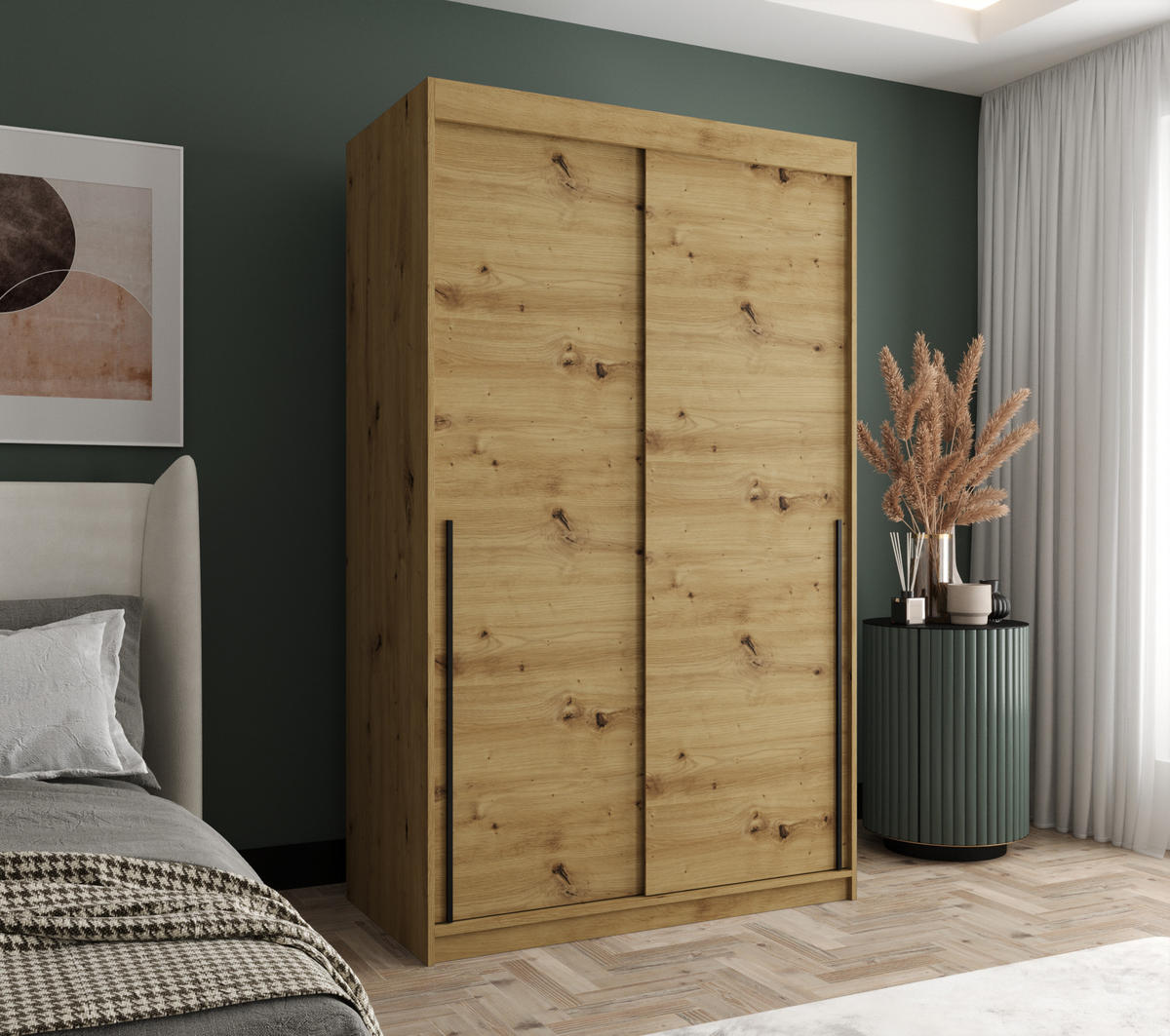 SCHIEBETÜRENSCHRANK 120 cm Breite Artisan mit schwarzem Griff - Schwarz/Eiche Artisan, Holzwerkstoff (120/200/62cm) - Home Collective