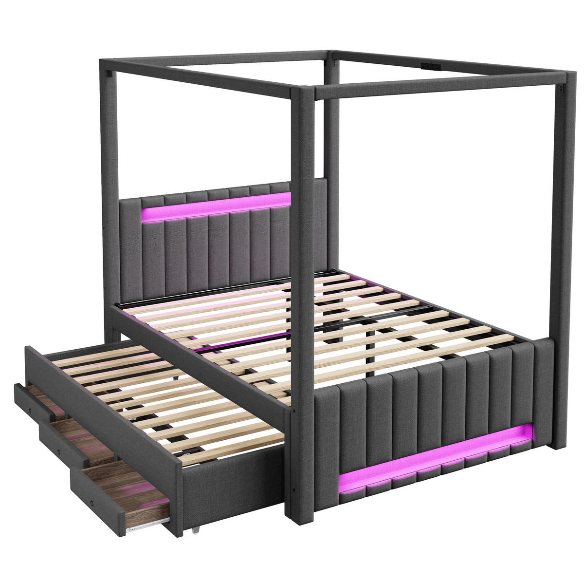 HIMMELBETT 140/200 cm grau aus Leinen und MDF mit Ausziehbett, 3 Schubladen und LED - Grau, Textil (140/200cm) - OKWISH