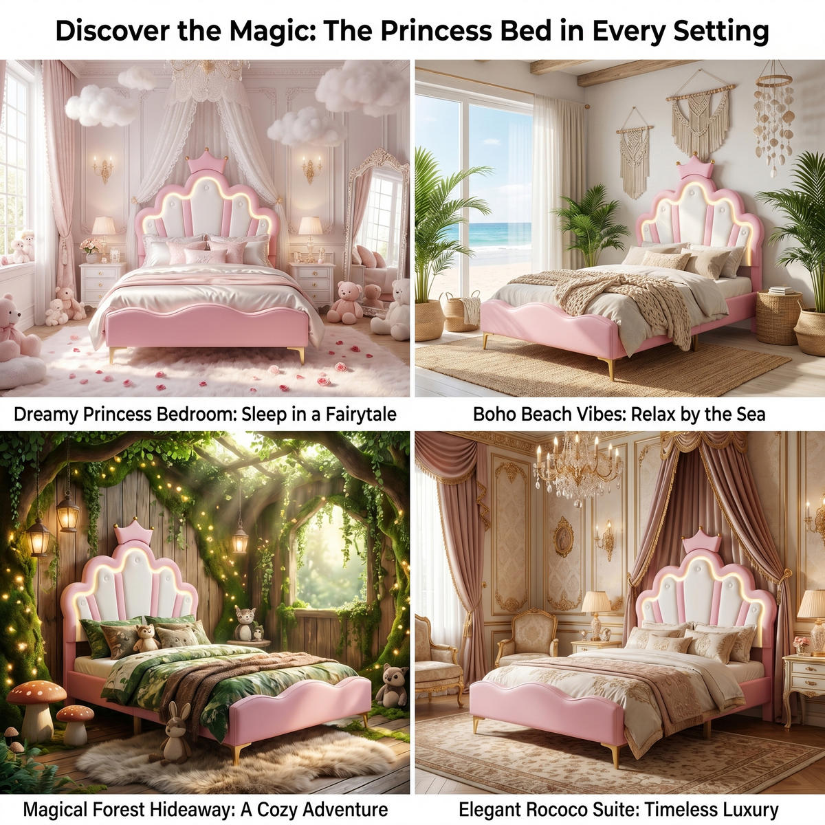KINDERBETT Bogen-Krone mit 2-Zonen-LED & Goldbeinen 90/200 cm PU-Leder Rosa - Pink, Leder (90/200cm) - Creahappy