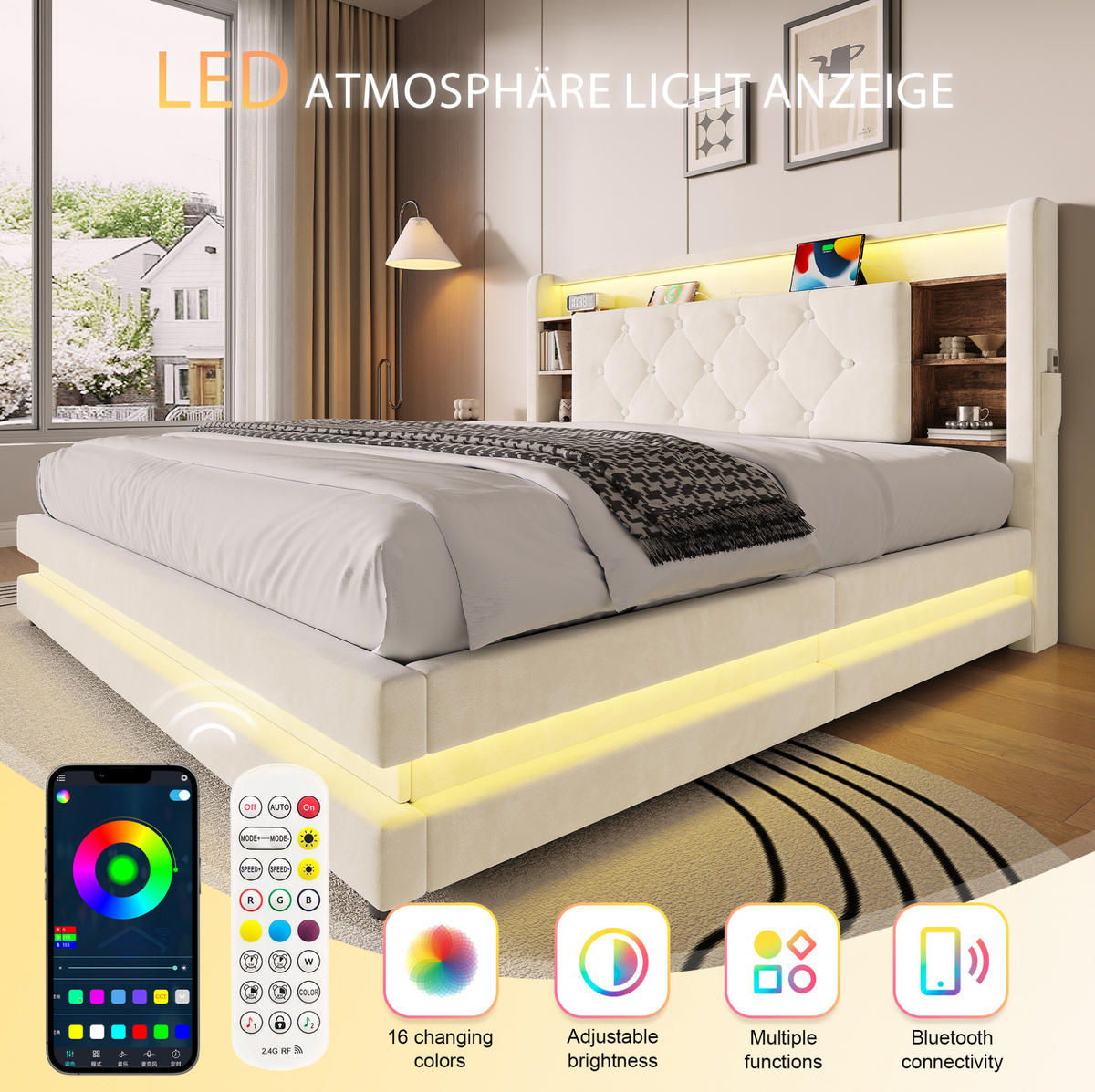 POLSTERBETT aus Samt 140x200 cm Beige mit Bettkasten, LED-Beleuchtung und USB-/Type-C-Anschlüssen - Beige, Textil (140/200cm) - Modfu