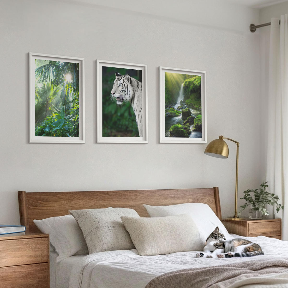 WANDBILDER 3er-Set - 40x60 cm Weißer Rahmen - Dschungeltigerwasserfall - Weiß, Kunststoff (40/60cm) - ArtPrintCave