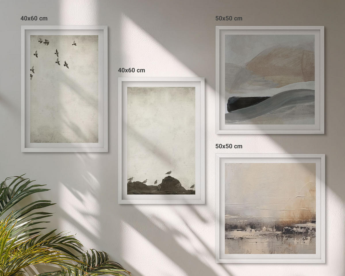 WANDBILDER 4er-Set - 50x50 cm & 40x60 cm Weißer Rahmen - Vögel, Steine, Pinselstriche, Verzierungen - Weiß, Kunststoff (50/50cm) - ArtPrintCave