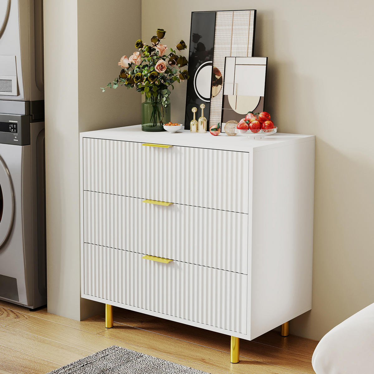 KOMMODE 80/40/72 cm mit 3 Schubladen und goldfarbenen Metallgriffen - Weiß, Holzwerkstoff (80/72/40cm) - BEAOK