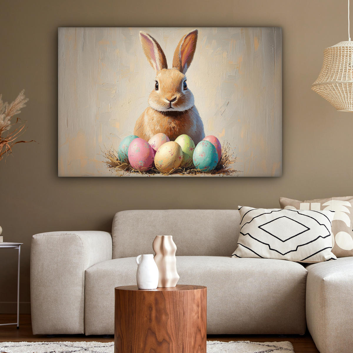 LEINWANDBILD Osterhase - Pastell - Eier Groß 140x90 cm - Beige, Textil (140/90cm) - MuchoWow