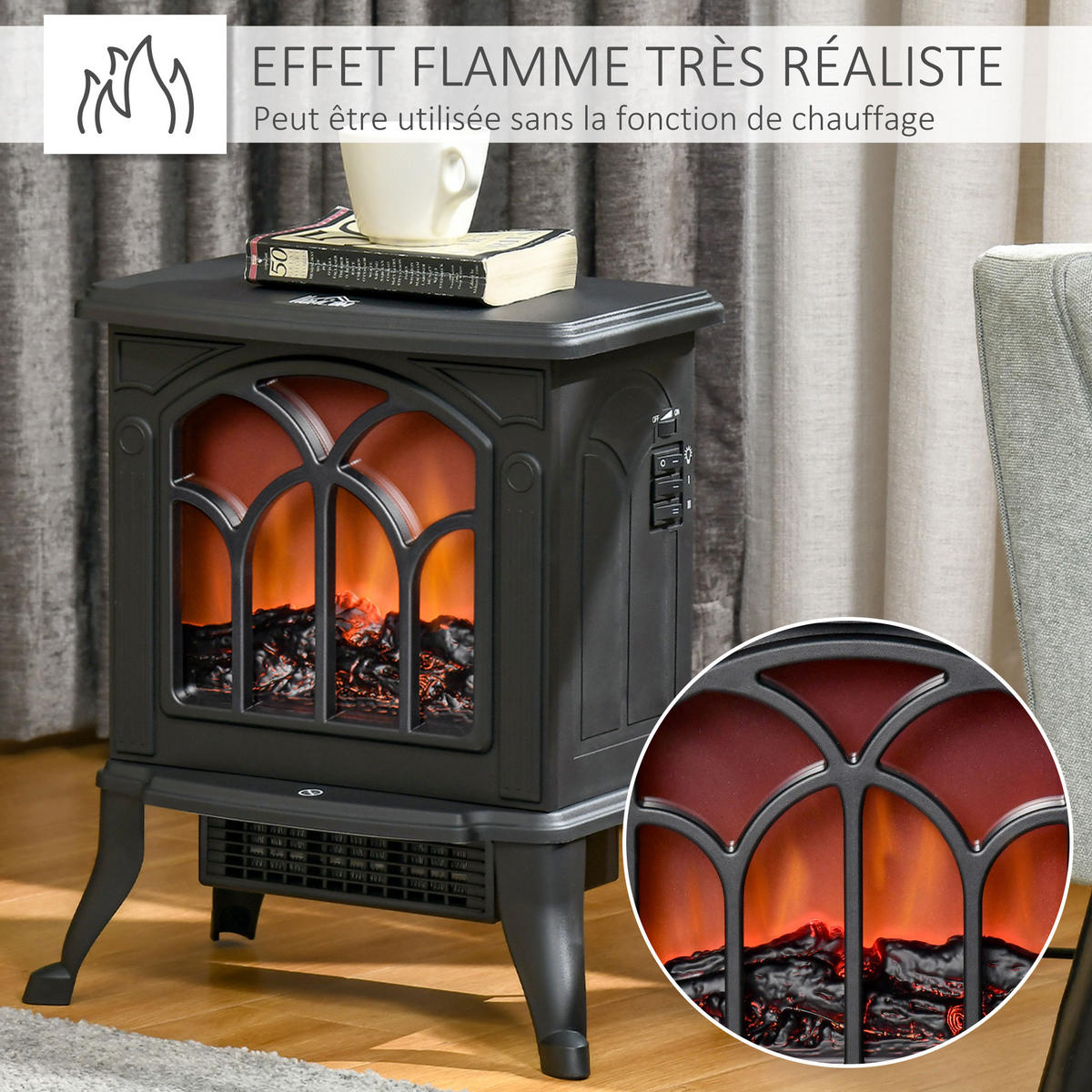 ELEKTROKAMIN DE-17014 Retro 750/1500 W mit LED-Flamme Schwarz - Schwarz, Metall (37.3/44/23.1cm) - ComfortXL
