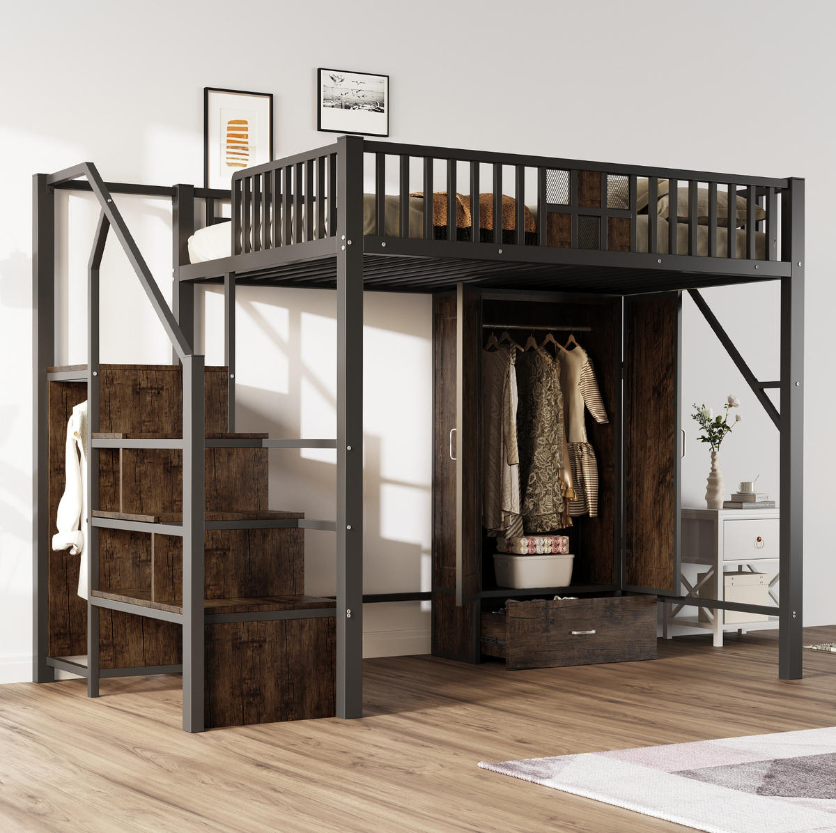 HOCHBETT 140/200 cm, Schwarz mit Kleiderschrank und Stauraum - Schwarz, Metall (140/200cm) - MIVRAY