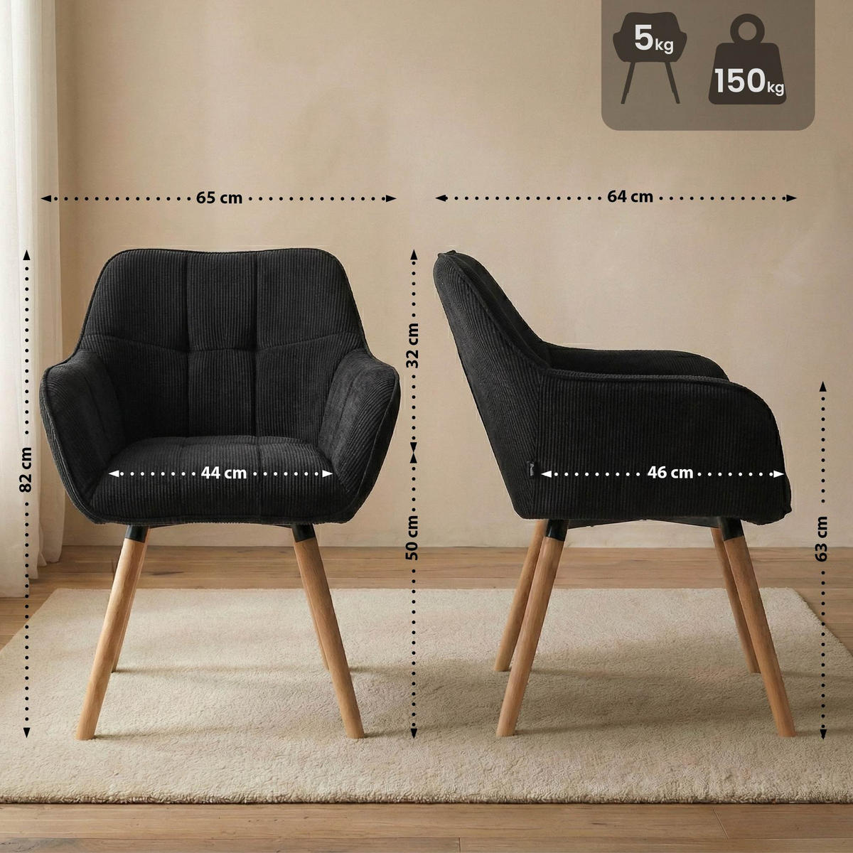 ESSZIMMERSTUHL Cord Schwarz - Eukalyptusholzfarben/Schwarz, Holz/Textil (65/82/64cm) - CLP