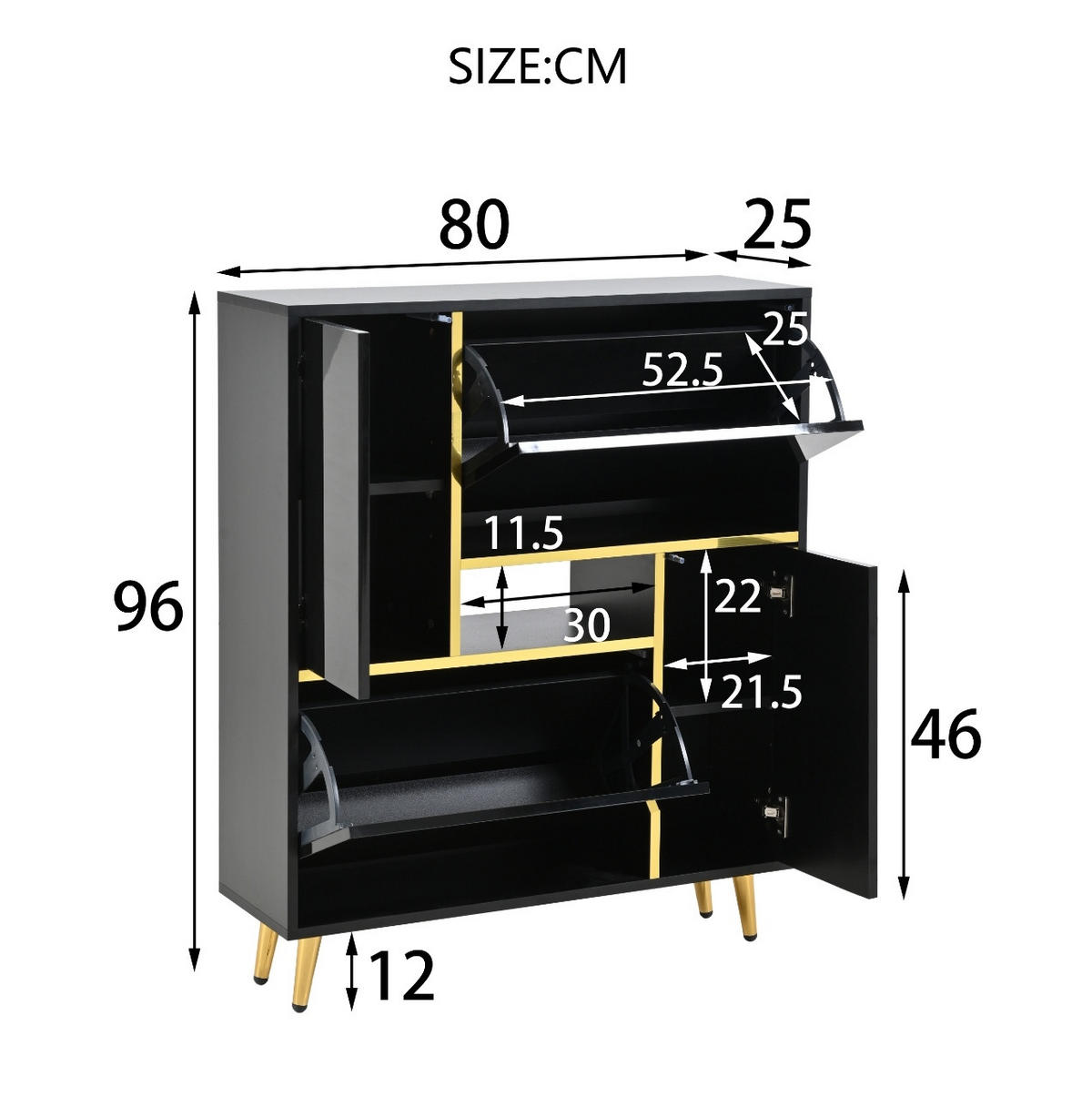 SCHUHSCHRANK 80/25/96 cm mit LED-Beleuchtung, Hochglanzfront und verstellbaren Einlegeböden, Schwarz - Schwarz, Holzwerkstoff (80/96/25cm) - Redom