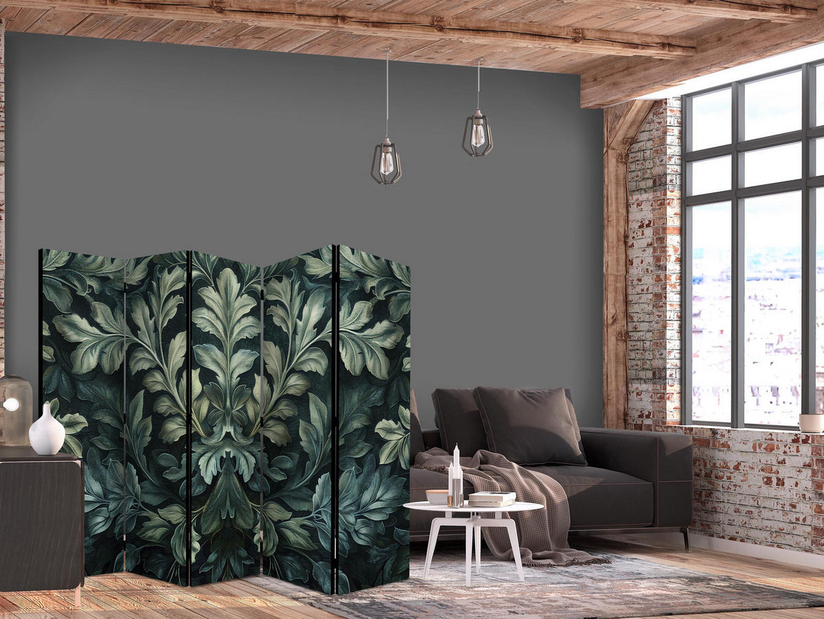 PARAVÁN Akustický 5-dielny 225x172 cm Zelené Listy - zelená, drevo/textil (225/172/3cm) - Muralo