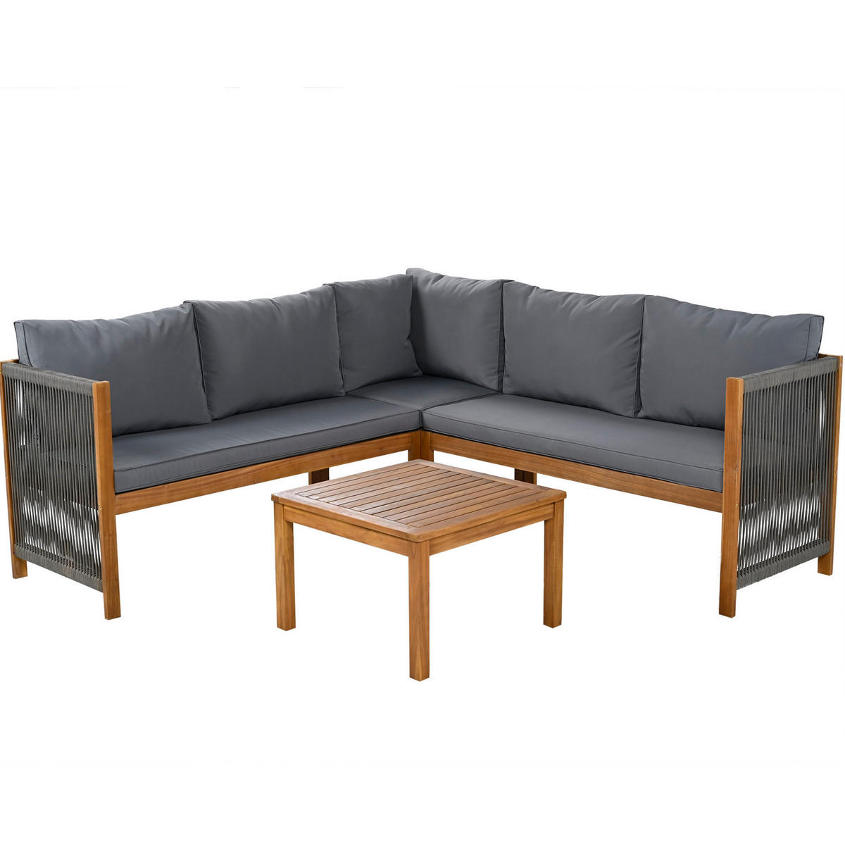 GARTENMÖBEL-SET mit Ecksofa und Couchtisch, Akazienholzrahmen mit Seilgeflecht, Grau - Grau, Textil - Redom
