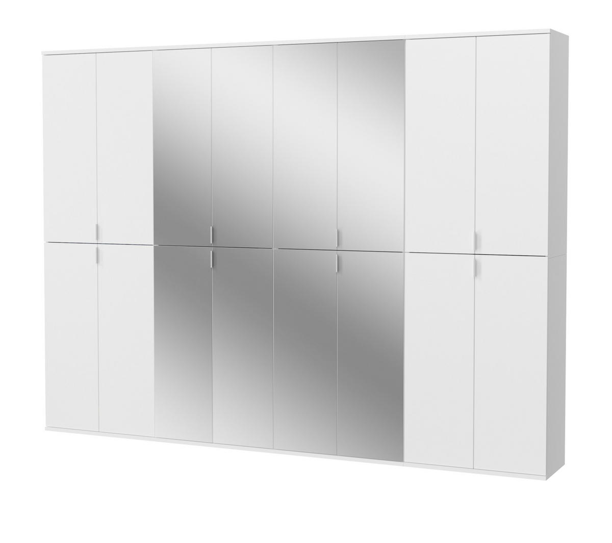 KLEIDERSCHRANK weiß Hochglanz 244 cm, Mehrzweckschrank mit Spiegeltüren, 36 Fächer - Weiß Hochglanz/Silberfarben, Holzwerkstoff/Metall (244/193/34cm) - Inn.Furn