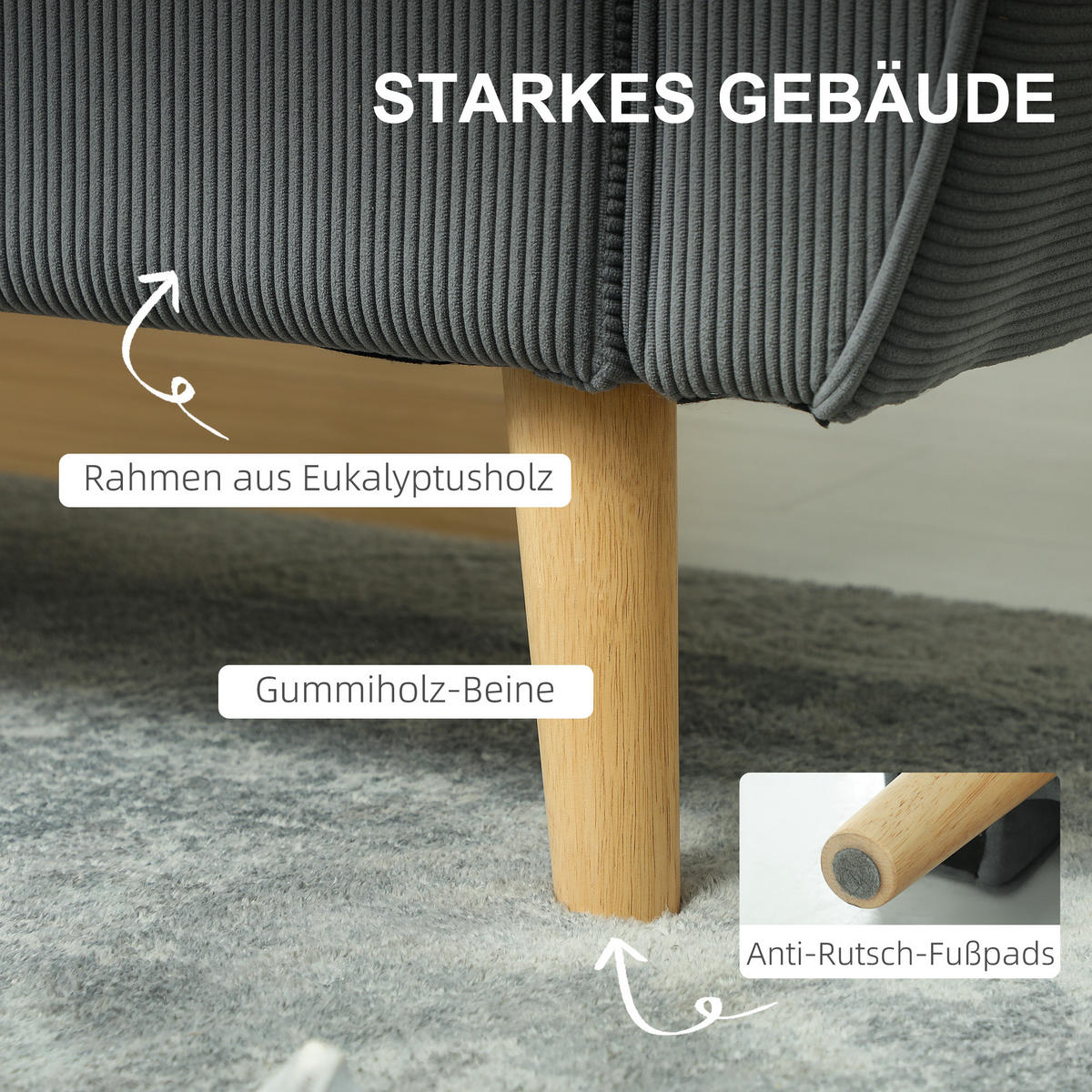 ZWEISITZER Sofa mit 2 Kissen Polstersofa mit 54cm extra tiefen Sitzen Dunkelgrau - Dunkelgrau/Eukalyptusholzfarben, Holz/Textil (75/78/145cm) - HOMCOM