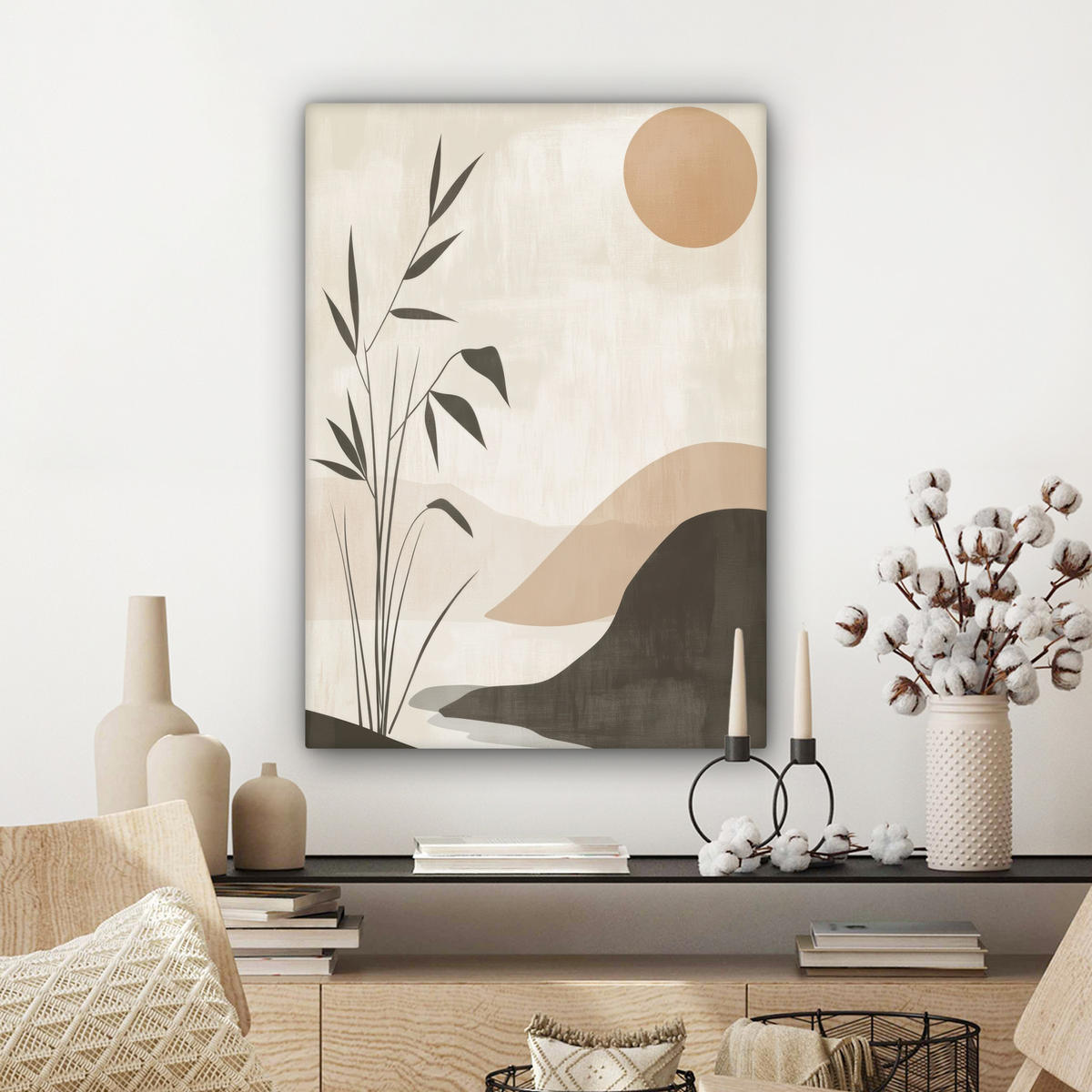LEINWANDBILD Japandi - Landschaft - Beige Wandbild Wohnzimmer 60x80 cm - Cognac, Textil (60/80cm) - MuchoWow