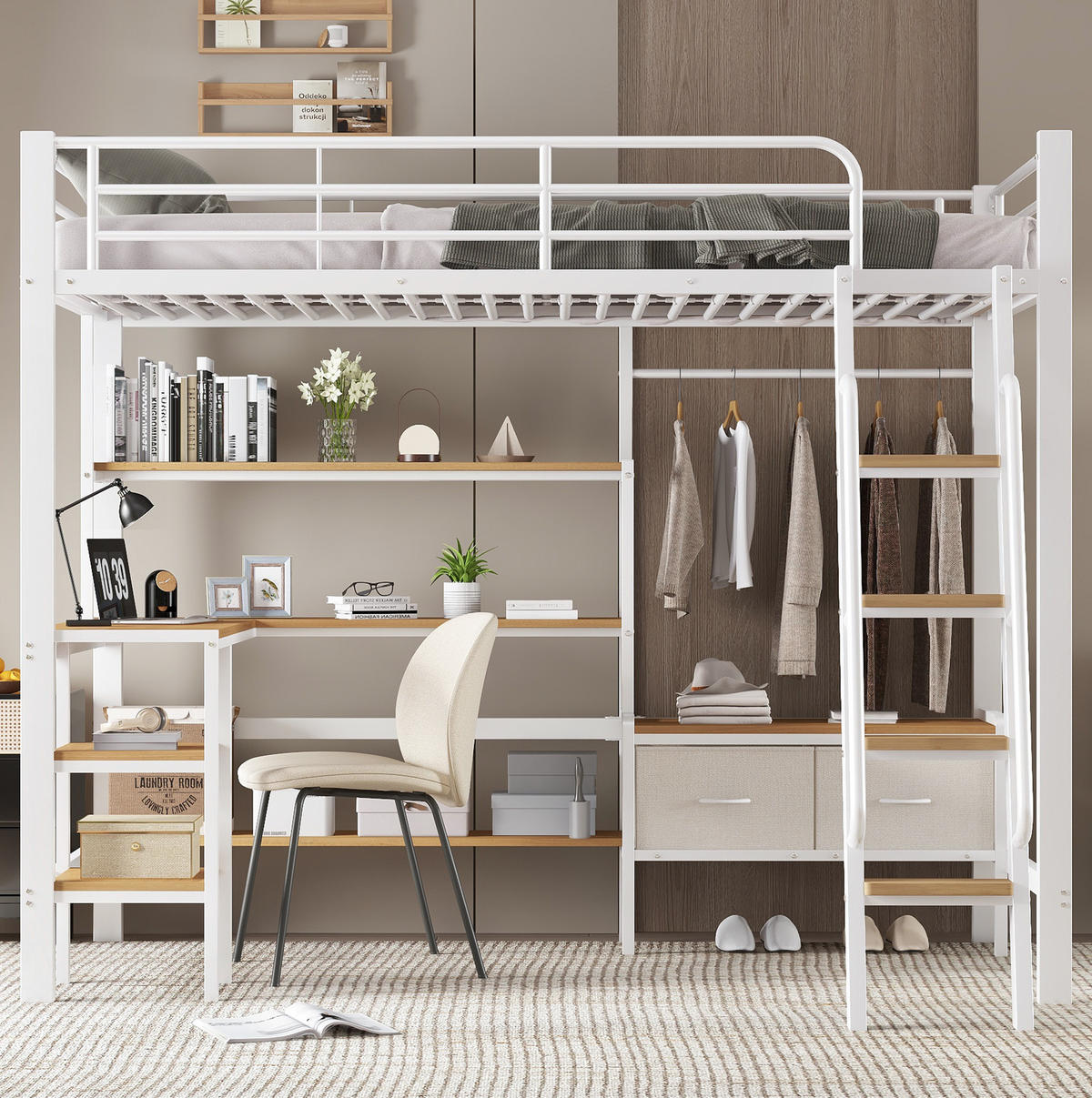 HOCHBETT 90/200 cm aus Eisen und MDF mit Schreibtisch und Aufbewahrungsregal Weiß/Natur - Weiß, Metall (90/200cm) - Modenvie