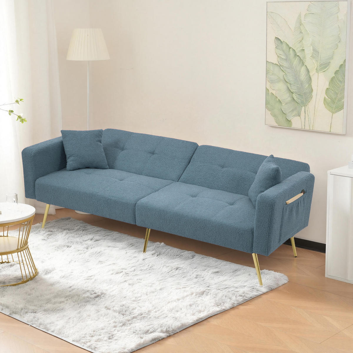 SCHLAFSOFA Lammwollstoff mit Bettfunktion und Seitentaschen Antikblau 175/64/72 cm - Blau, Textil (64/72/175cm) - Redom