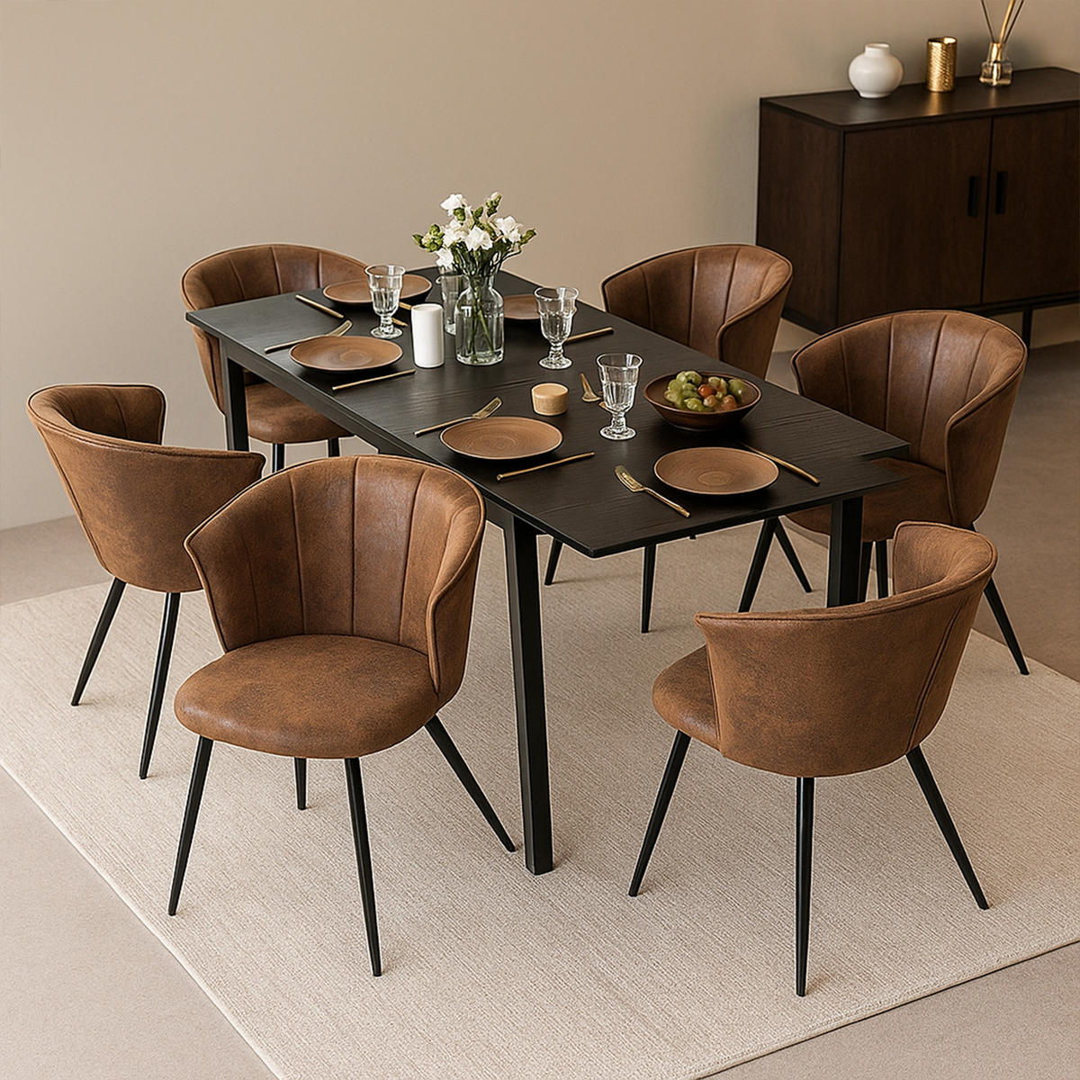 ESSTISCH-SET mit ausziehbarem Tisch und 6 Schalensesseln in Wildlederoptik, Schwarz - Multicolor, Textil (46/74.5/43cm) - Meubles Cosy