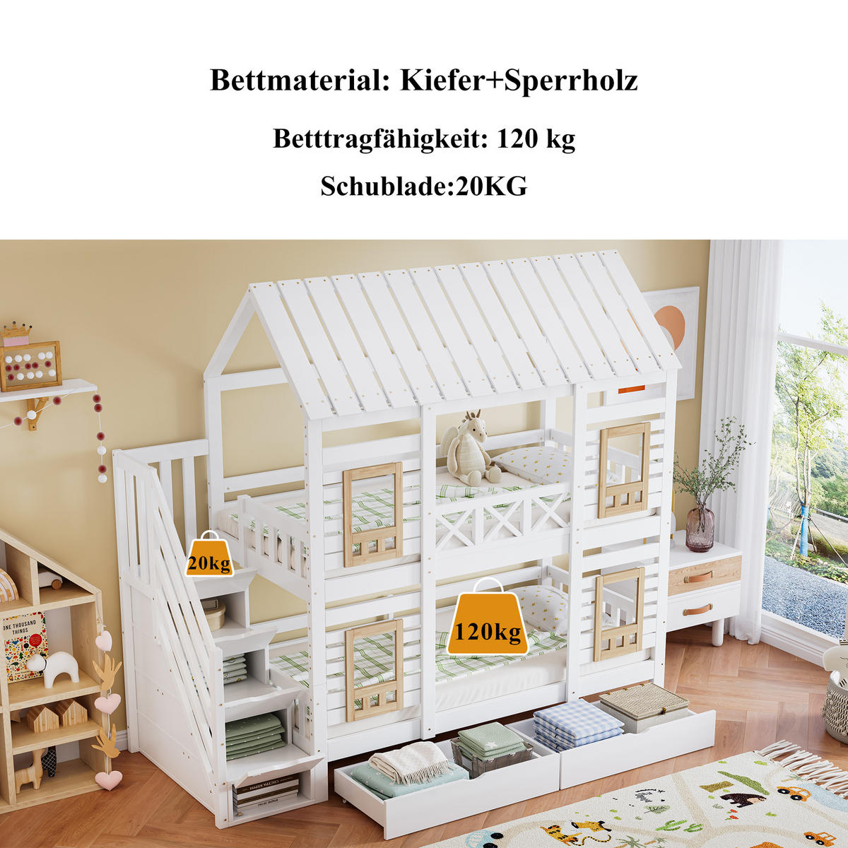 ETAGENBETT 90x200 cm Treppe Schubladen weiß - Weiß, Holz (90/200cm) - LEBENLANG