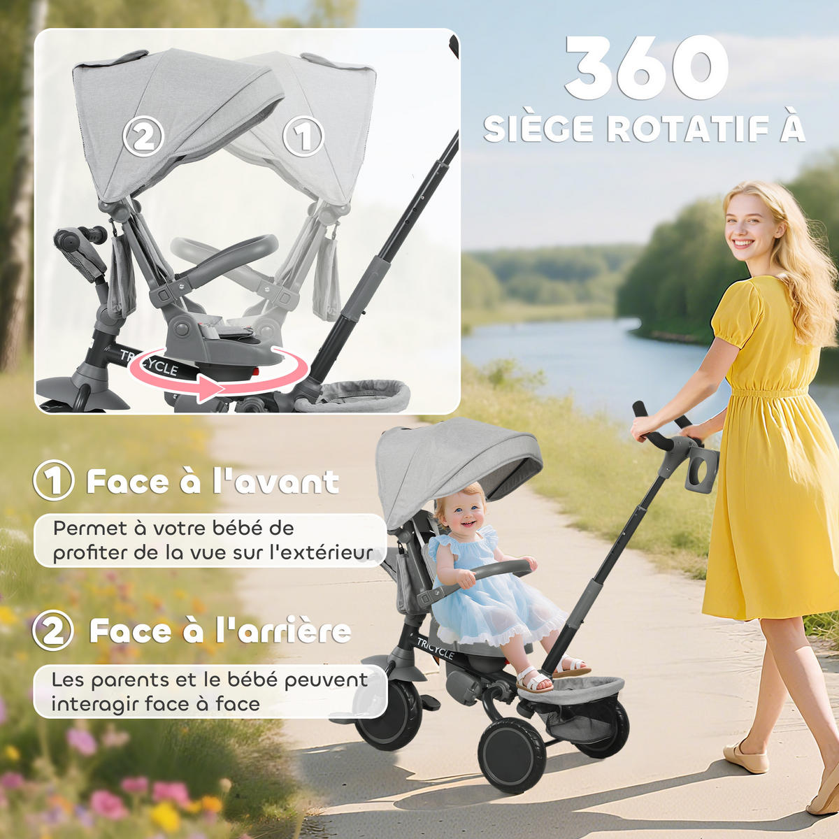 DREIRAD DE-18948 6-in-1 mit 360°-schwenkbarem Sitz & klappbar Grau - Grau, Kunststoff (111.5/52/98cm) - ComfortXL