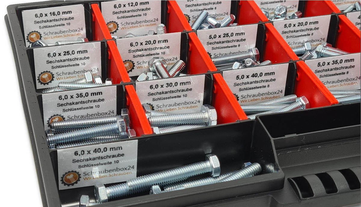 SECHSKANTSCHRAUBEN Sortiment M4-M5-M6 // 8mm-50mm 350 tlg. Schraubenbox DIN 933/ISO 4762 - Zinkfarben, Metall (3.5cm) - Schraubenbox24