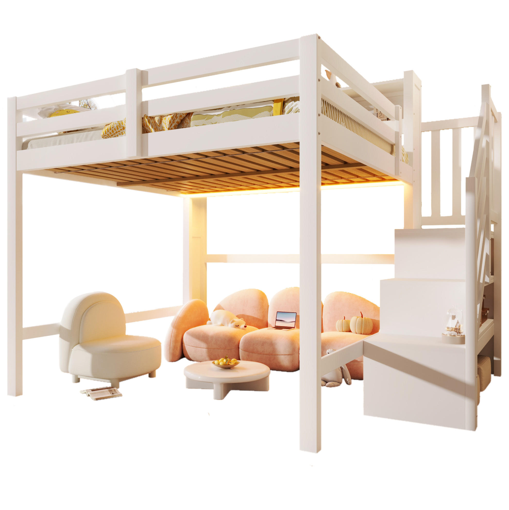 HOCHBETT 140/200 cm Weiß mit LED und Stauraumtreppe ohne Matratze - Weiß, Holz (140/200cm) - MIVRAY