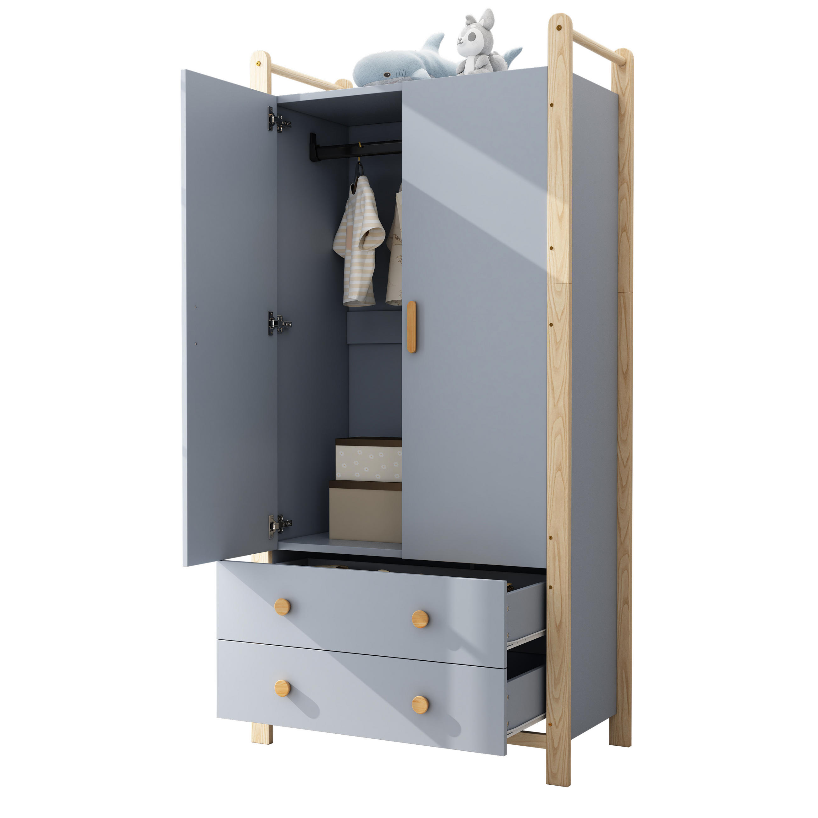 KLEIDERSCHRANK 90x45x180cm Blau + Kiefer Spanplatte 2 Türen 2 Schubladen - Blau, Holz (45/180/90cm) - FLIEKS