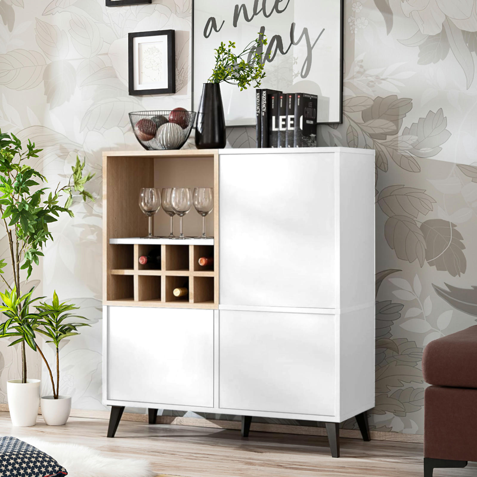 SIDEBOARD MIT WEINSCHRANK FONDI, Weiß, Skandinavische Tanne - Hellbraun/Weiß, Glas/Holzwerkstoff (90/102/35cm) - Komodee