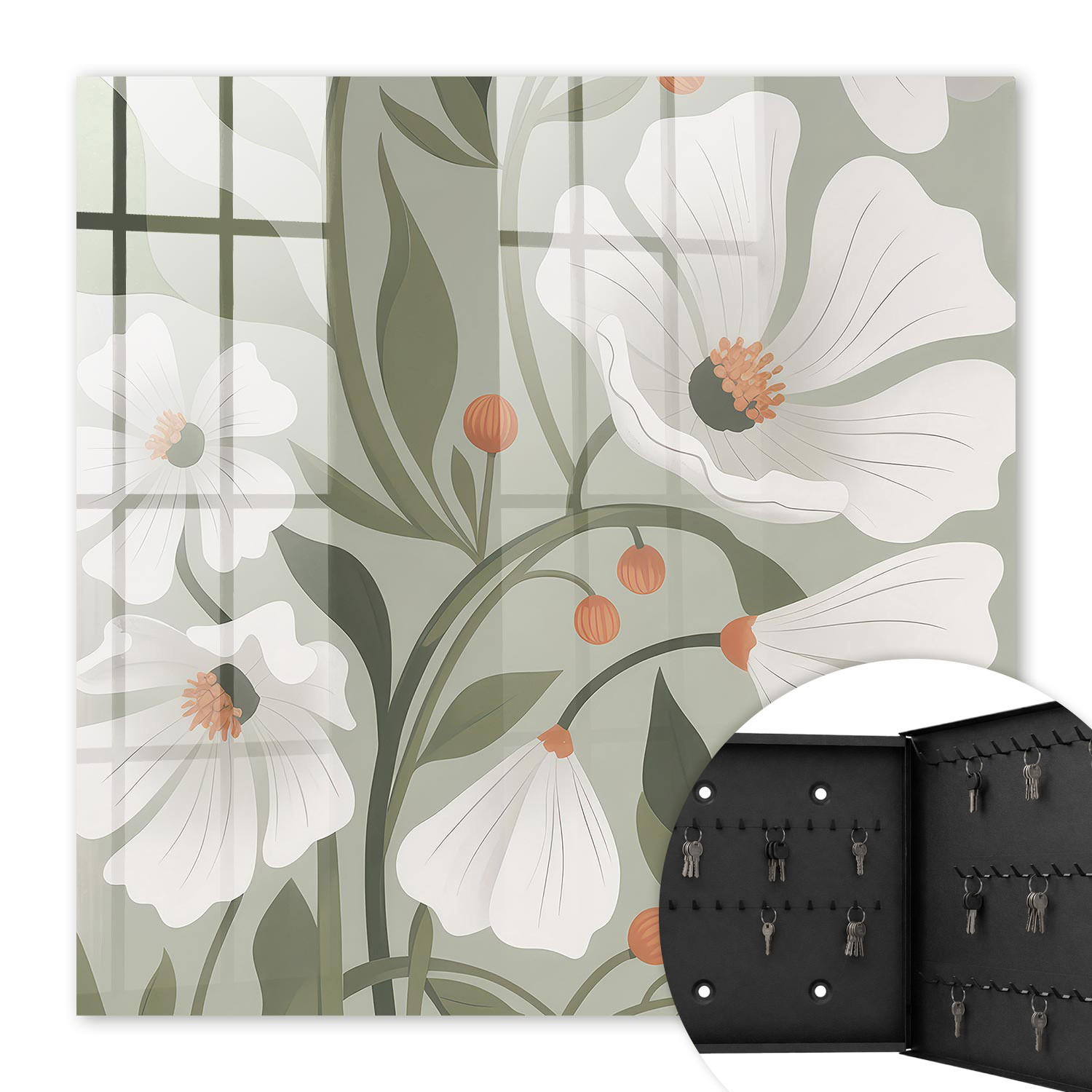 SCHLÜSSELBOX Schwarz 30x30 cm- Türöffnung nach rechts - Beige Blüten - Grün, Metall (30/30/5cm) - TULUP