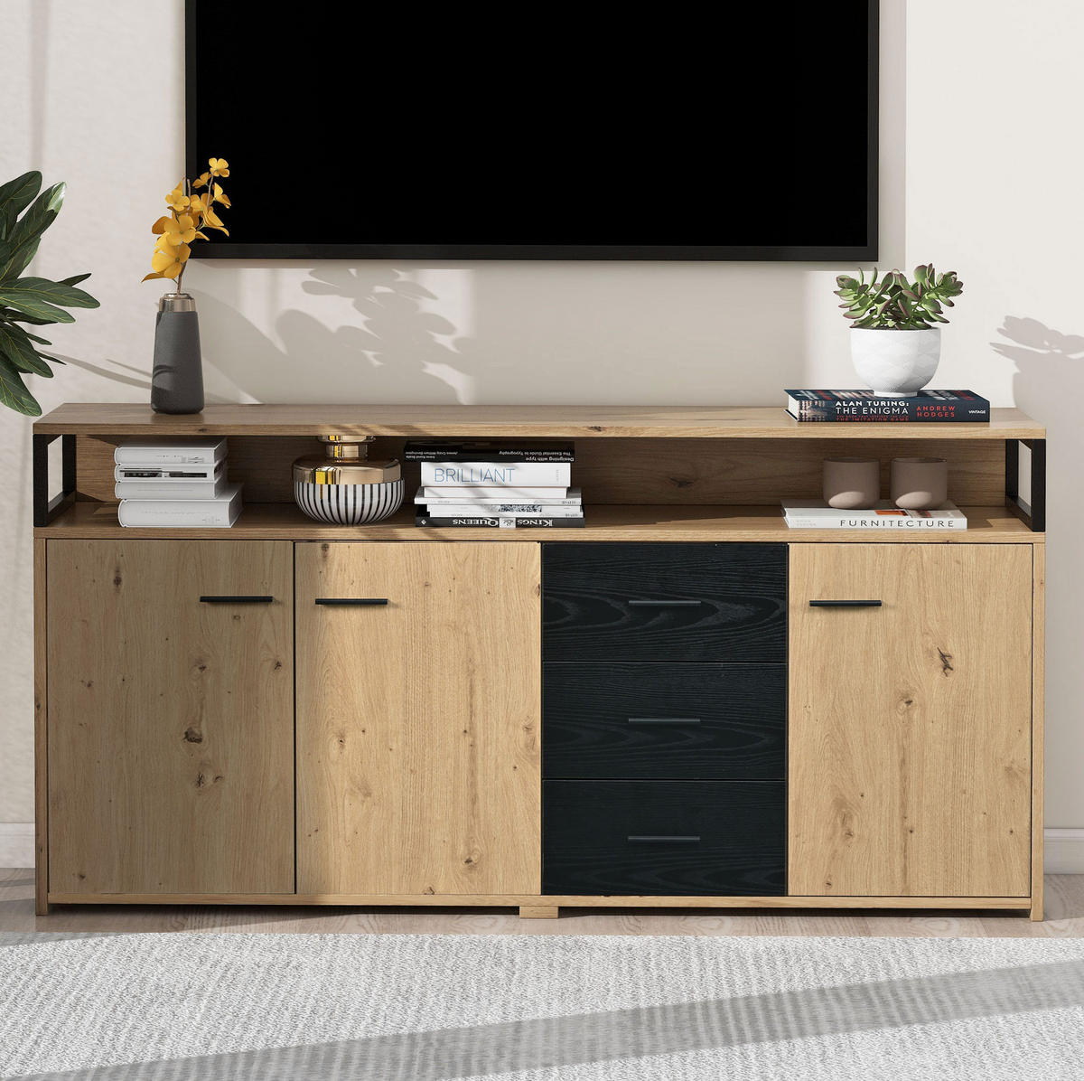 SIDEBOARD 150/35/75,9 cm aus Spanplatte mit 3 Türen und 3 Schubladen Schwarz/Braun - Naturfarben, Holzwerkstoff (150/75.9/35cm) - Modenvie