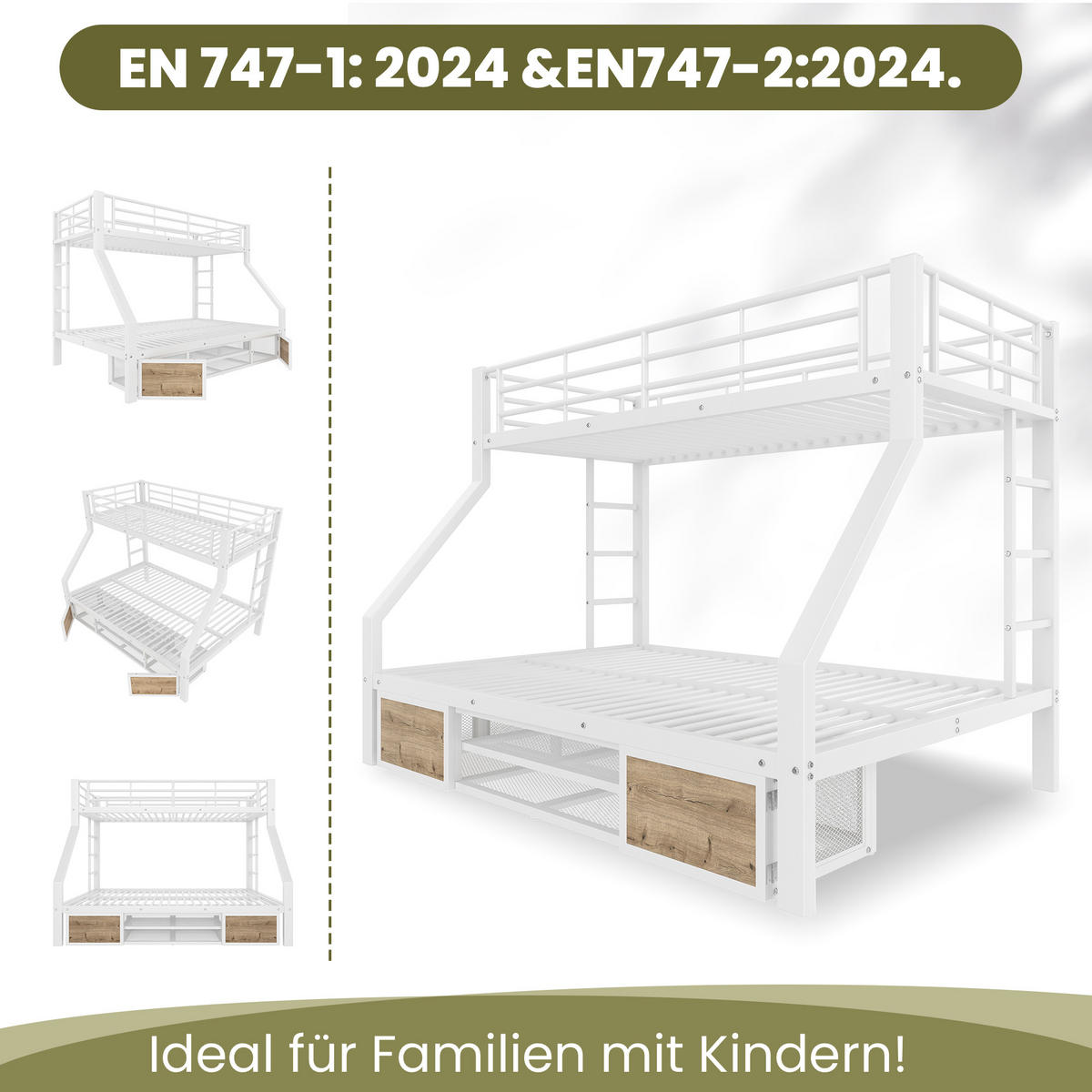 ETAGENBETT 90x200cm + 140x200cm Weiß Kinderbett Schuhschrank EN747 - Weiß, Metall (140/200cm) - FLIEKS