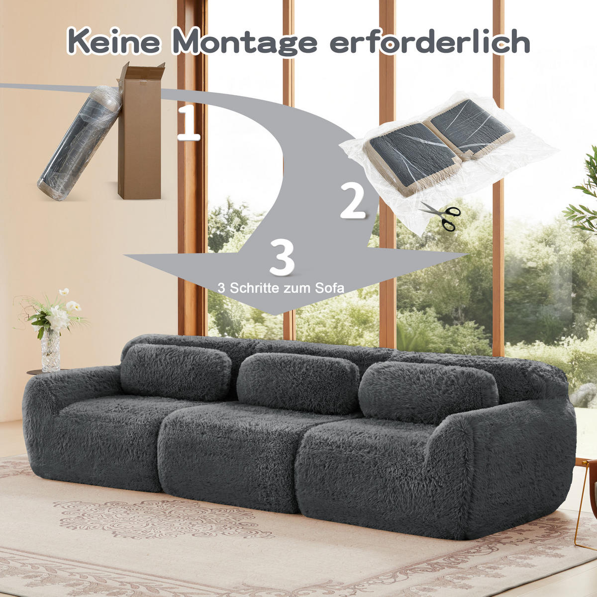 SOFA 291/104/73 cm in Grau aus Plüsch, modular und ohne Montage - Grau, Textil (104/73/291cm) - Flora Grace