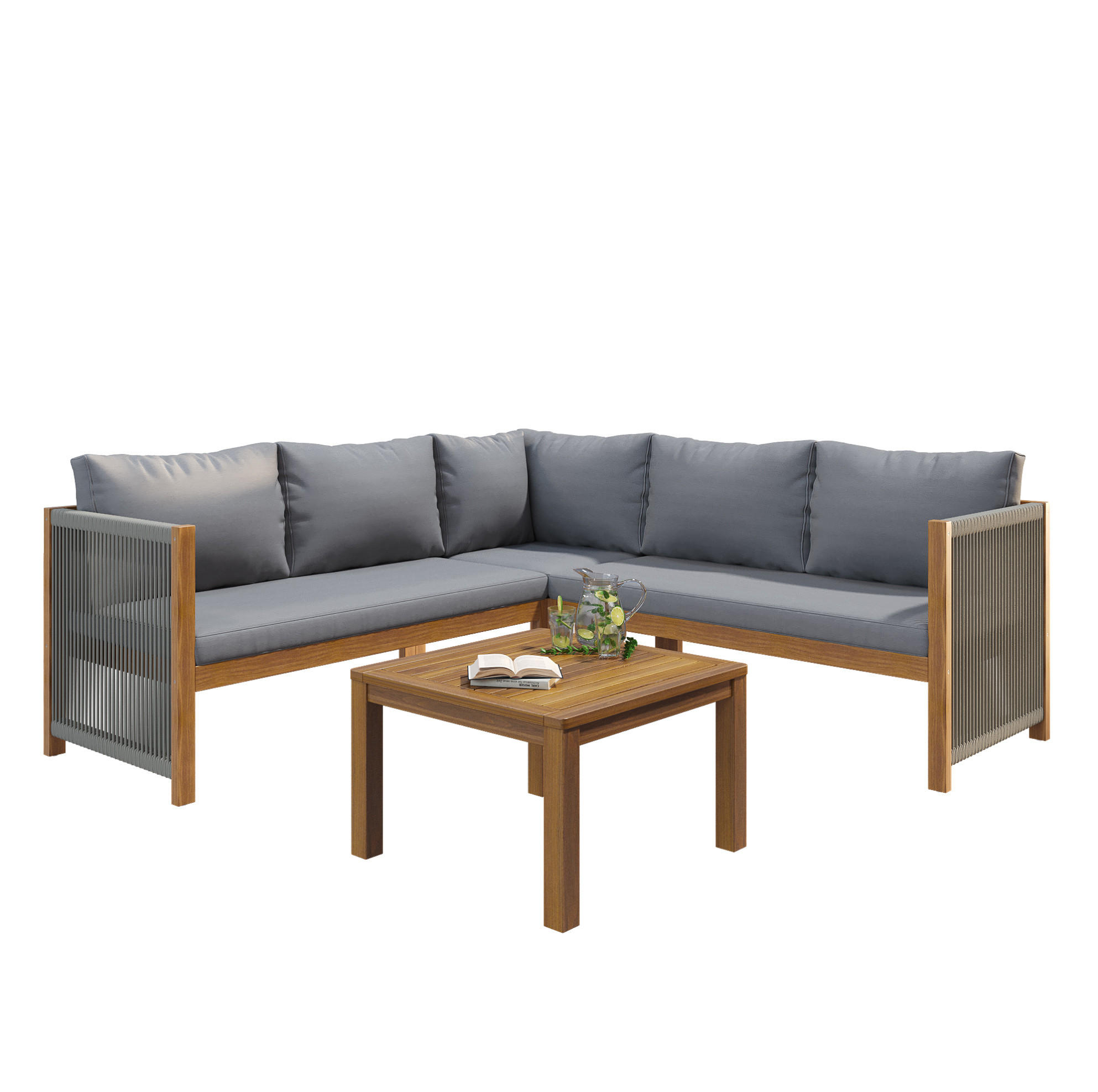 GARTENMÖBEL-SET 187/187/71 cm grau aus Akazie und Polyester mit Ecksofa - Grau, Textil - OKWISH
