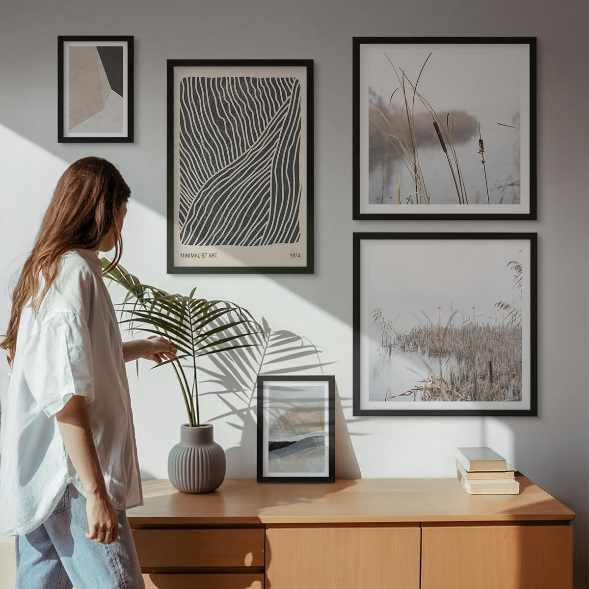 WANDBILDER 5er-Set - 50x50 cm & 20x30 cm & 40x60 cm Schwarzer Rahmen - Abstrakte Boho-Dekorationsmuster - Schwarz, Kunststoff (40/60cm) - ArtPrintCave