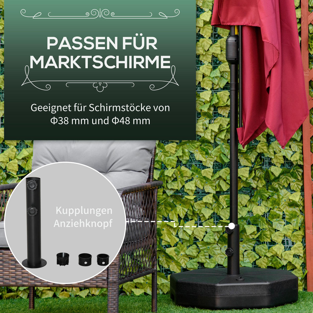 SCHIRMSTÄNDER für Sonnenschirm Schirmstangen 38 mm/48 mm befüllbar mit Wasser oder Sand - Schwarz, Kunststoff (60/60cm) - Outsunny