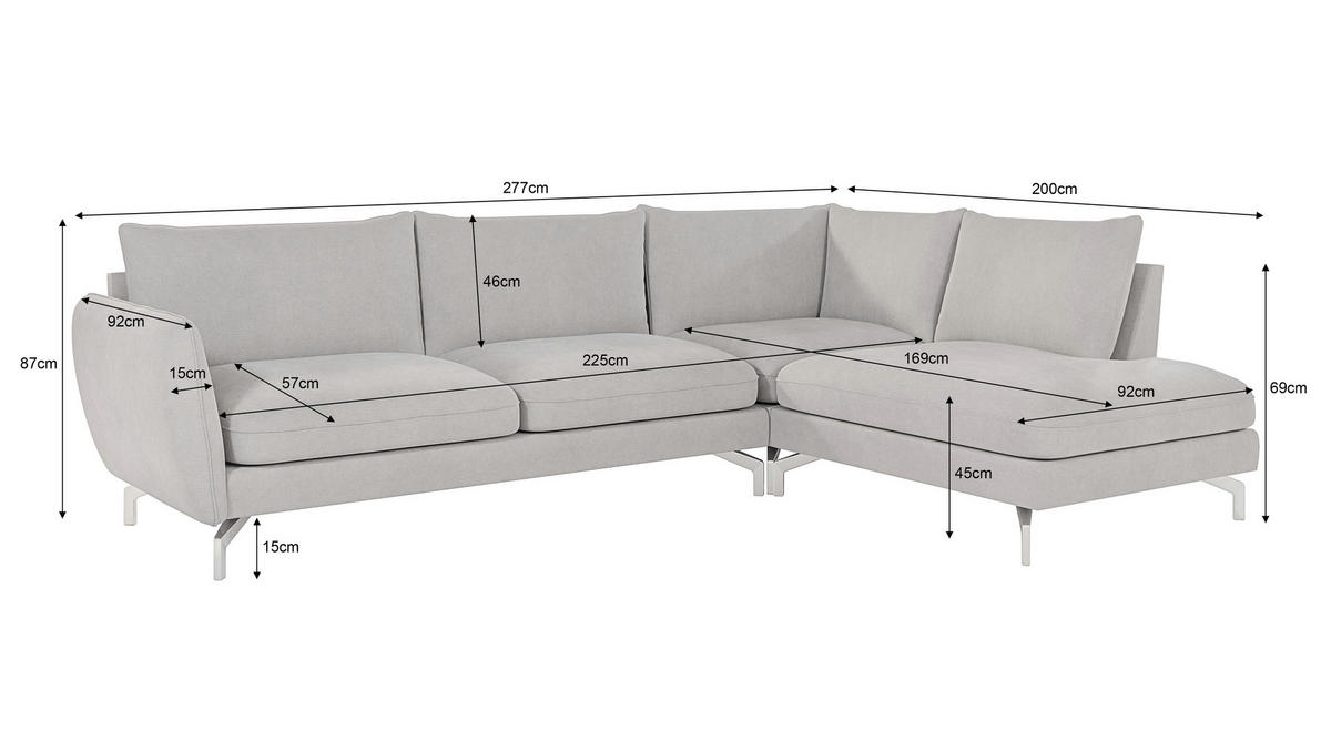ECKSOFA Elou Silber Microfaser - Chromfarben/Silberfarben, Holz/Textil (277/200cm) - S-Style Möbel