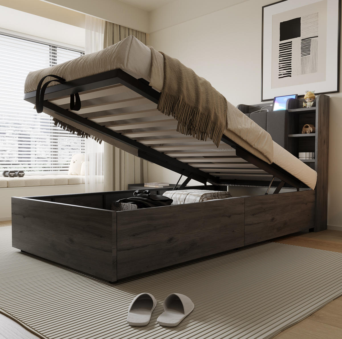 JUGENDBETT Einzelbett 90/200 cm aus MDF mit hydraulischem Stauraum und USB-Tape-C-Anschluss Grau/Holzfarben - Grau, Holzwerkstoff (90/200cm) - Modenvie
