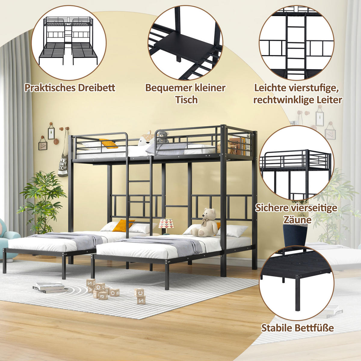 ETAGENBETT aus Metall 3x 90x200 cm Schwarz mit Leiter, Fallschutzgitter und Tisch - Schwarz, Metall (90/200cm) - IVMEU