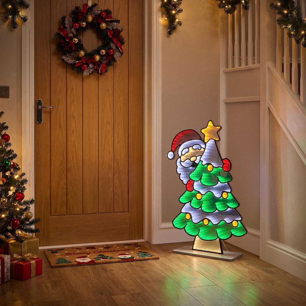 VÁNOČNÍ DEKORACE Vánoční stromek se Santa Clausem, LED zrcadlo s nekonečným 3D efektem a světelnou řetězem 58x80 cm, interiér - různobarevná, plast (58/80/18cm) - ECD-Germany