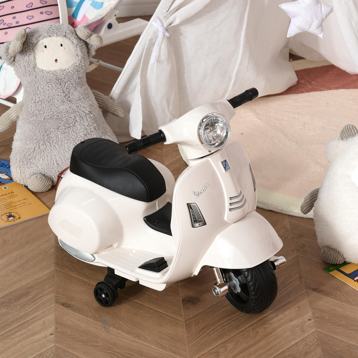 VESPA Elektromotorrad Kindermotorrad Elektrofahrzeuge 1,5 bis 3 Jahren Weiß - Weiß, Metall (66.5/38/52cm) - HOMCOM