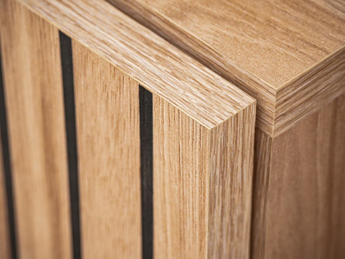 WOHNWAND Eiche, schwarz 255 cm Lamellenoptik, Schrankwand mit Beleuchtung - Eichefarben/Schwarz, Glas/Holzwerkstoff (255/180/30cm) - Furn.Design