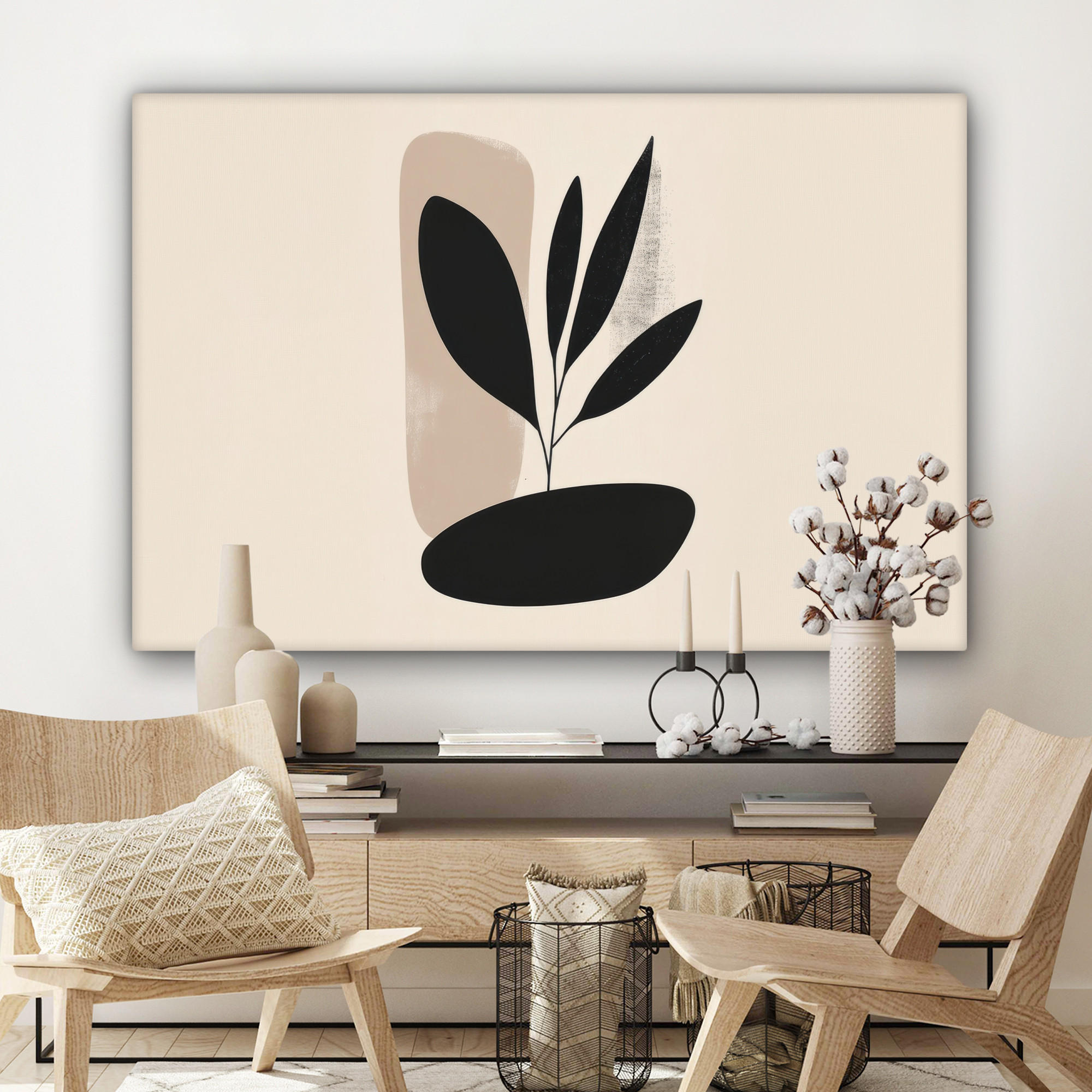 LEINWANDBILD Pflanze - Beige - Japanisch Groß 140x90 cm - Schwarz, Textil (140/90cm) - MuchoWow