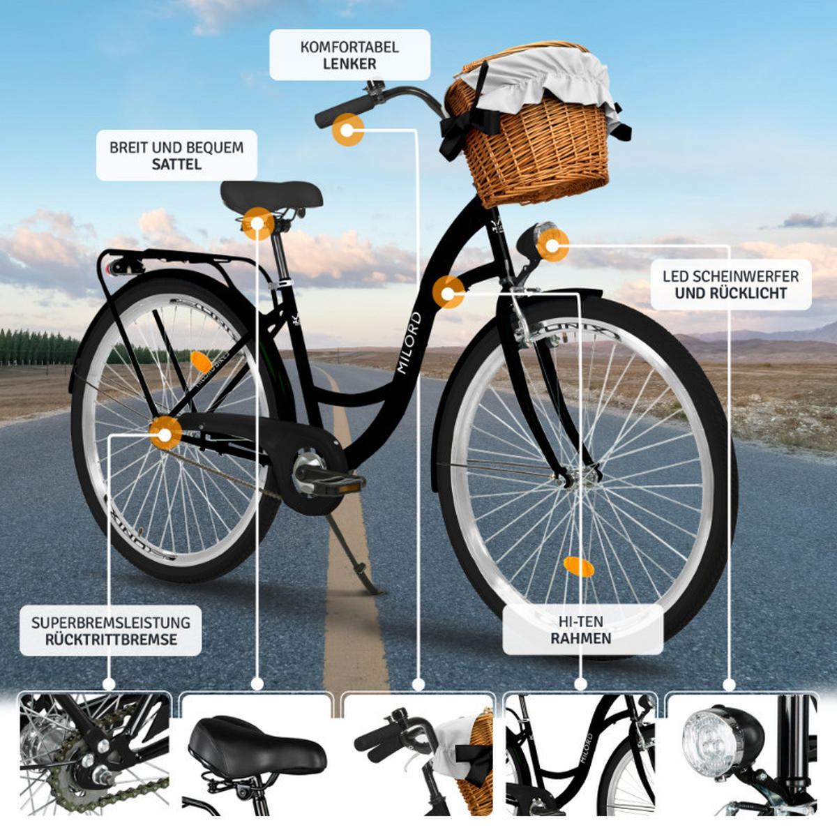 CITY-FAHRRAD Milord mit Weidenkorb, 28 Zoll, Schwarz, 1-Gang - Schwarz, Metall (46cm) - Milordbikes