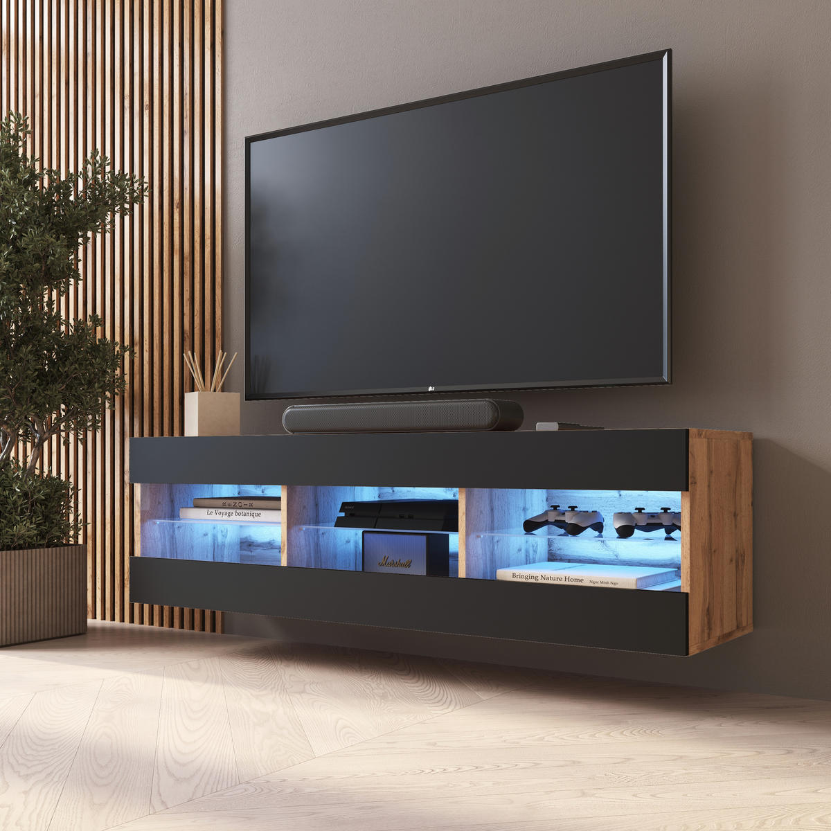 LOWBOARD TIVOLI RTV 140, Schwarz, LED Blau - Eiche Wotan/Schwarz, Glas/Holzwerkstoff (140/40.5/35.5cm) - Komodee