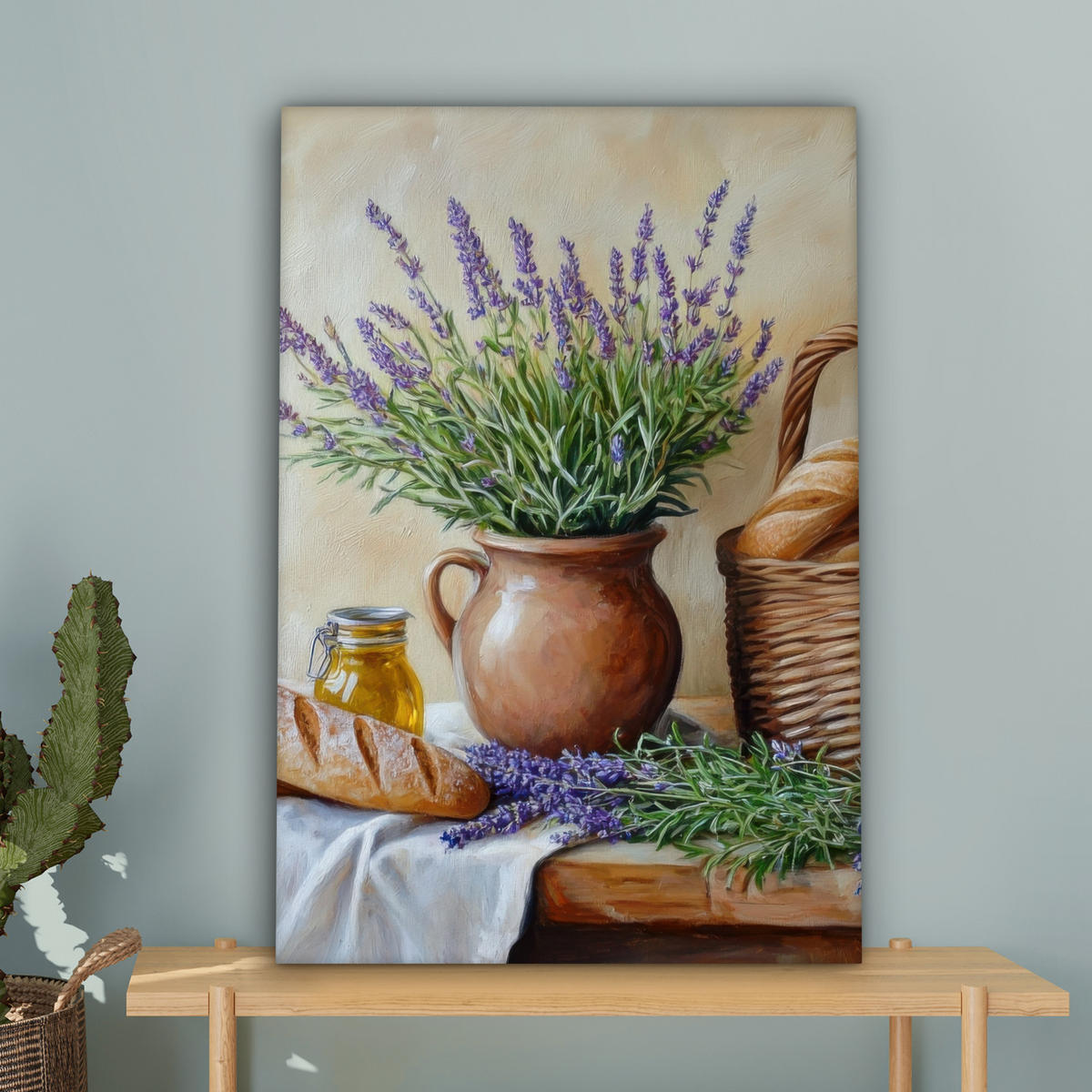 LEINWANDBILD Lavendel - Brot - Stilleben 60x90 cm - Flieder, Textil (60/90cm) - MuchoWow
