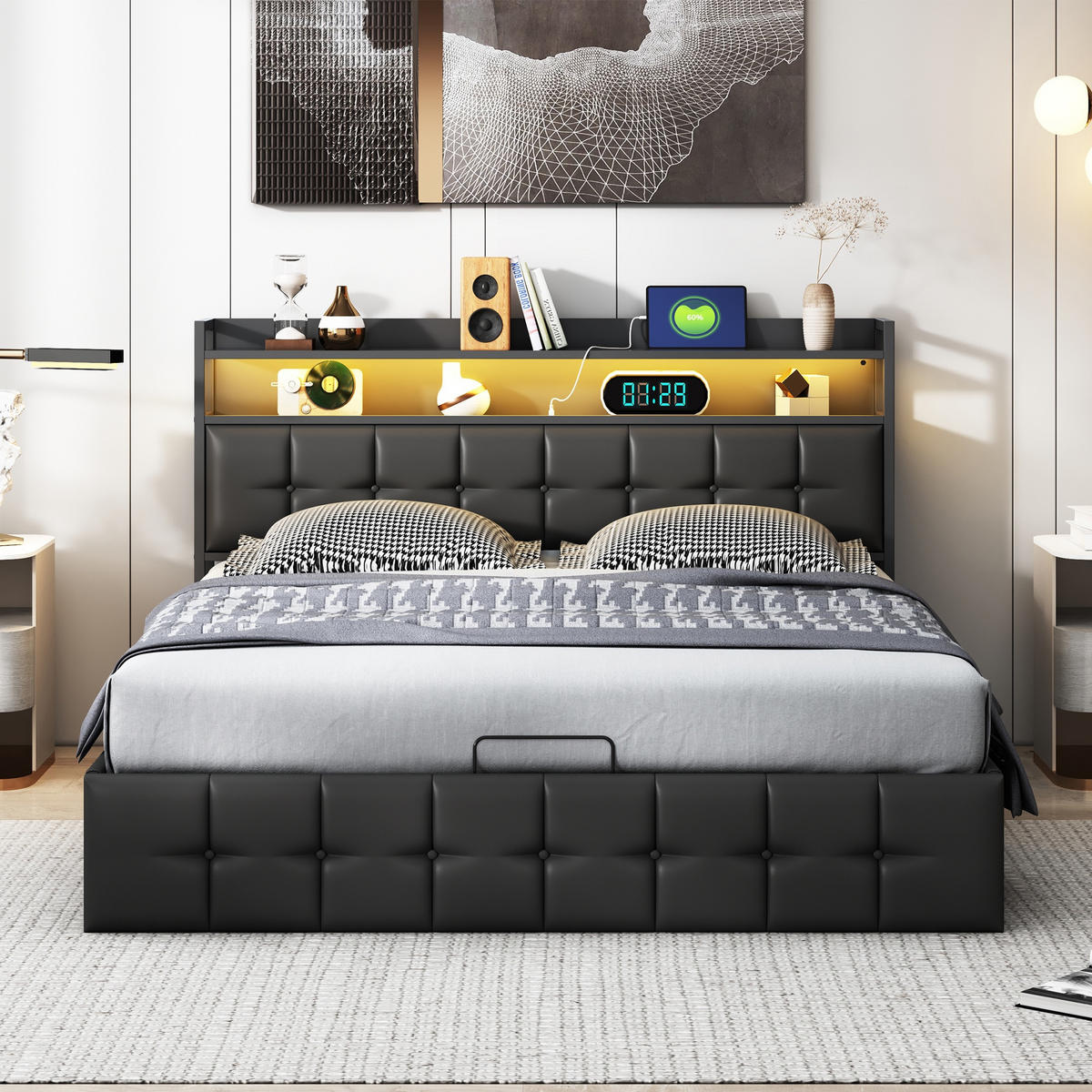 POLSTERBETT 160x200 cm Smart-Lift Elite mit Hydraulik-Stauraum, RGB-LED & Ladestation, Kunstleder, Schwarz - Schwarz, Textil (160/200cm) - DELFA