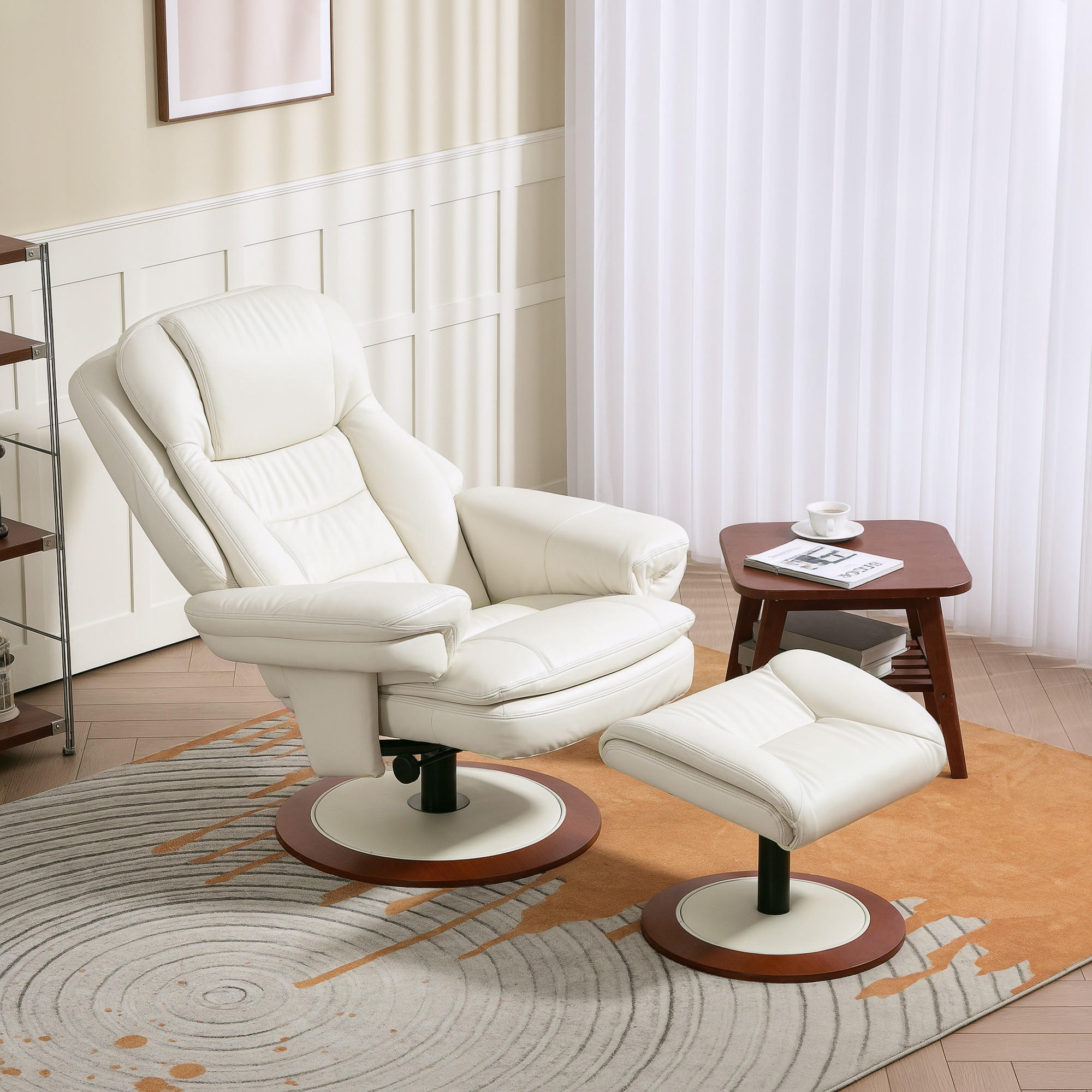 RELAXSESSEL mit Hocker, Liegesessel bis 150 kg, Cremeweiß - Beige, Leder (98/104/94cm) - HOMCOM